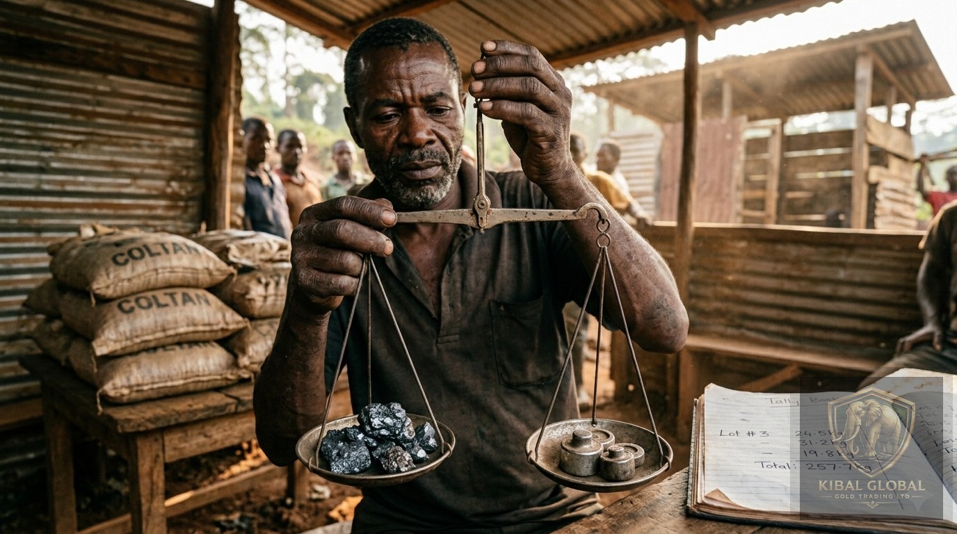 Coltan ore weighing and sacking at rural collection point