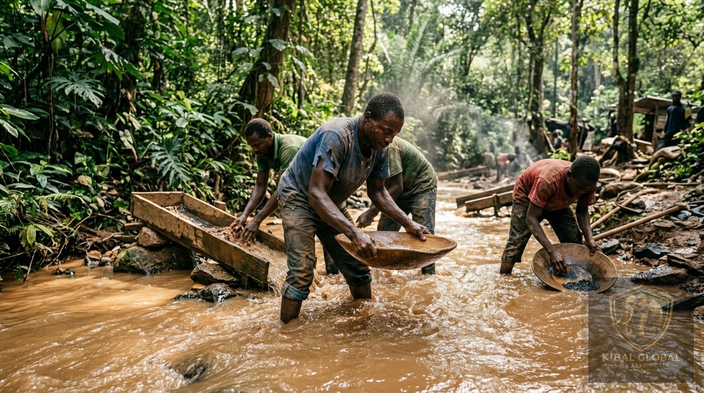 Coltan washing and gravity concentration in stream sluices