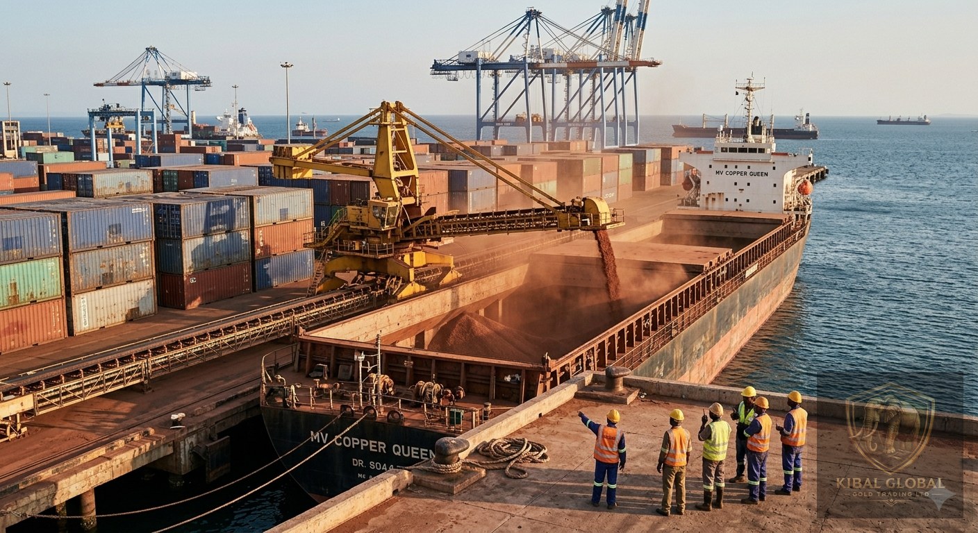 Bulk cargo ship loading copper concentrate at African export port