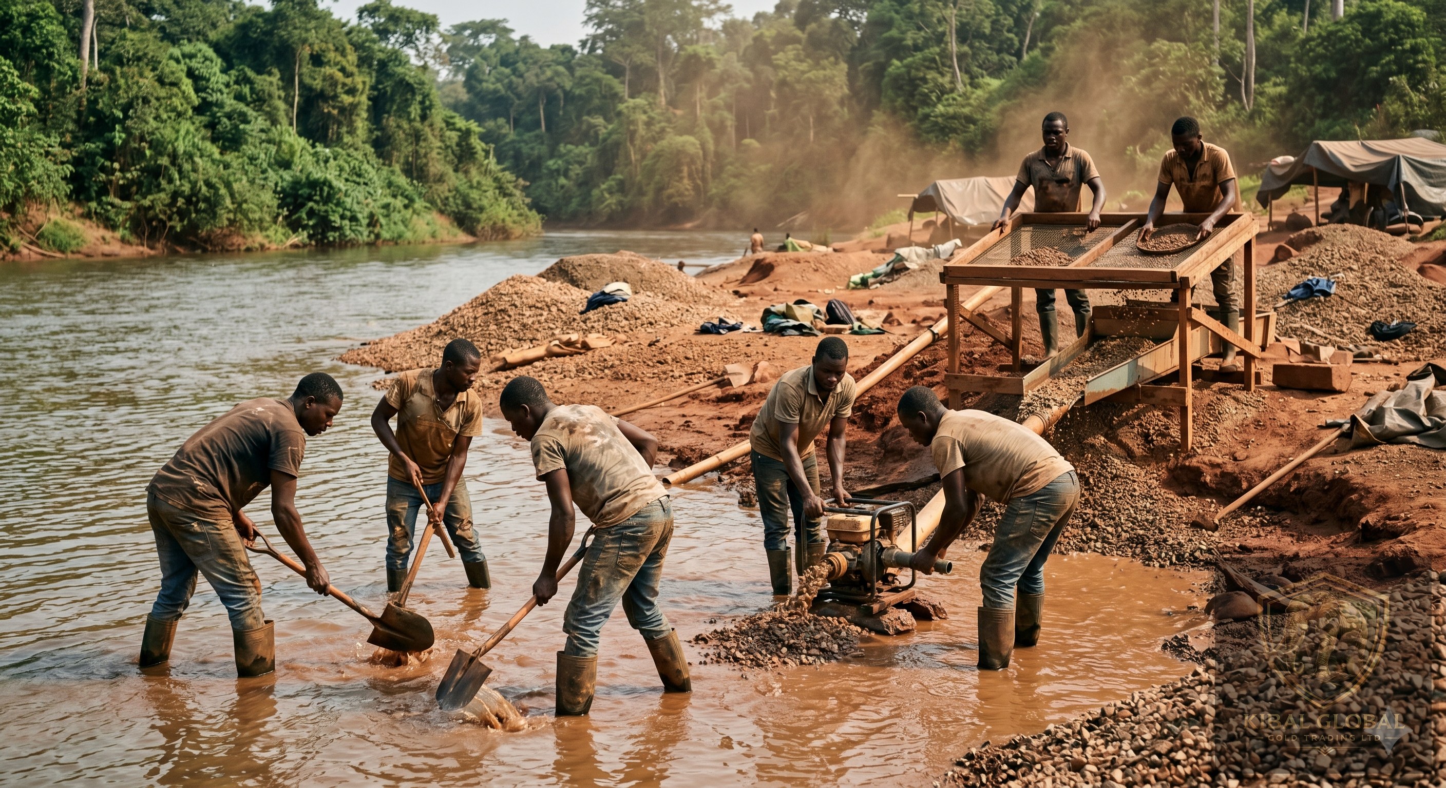 Alluvial diamond mining operations along an African river